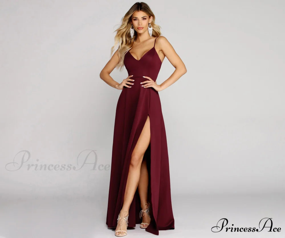 Avianna Formal Stylish High Slit Dress BURGUNDY / S