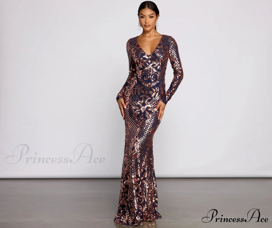 Ayla Formal Long Charming Sleeve Sequin Scroll Dress NAVY / XS