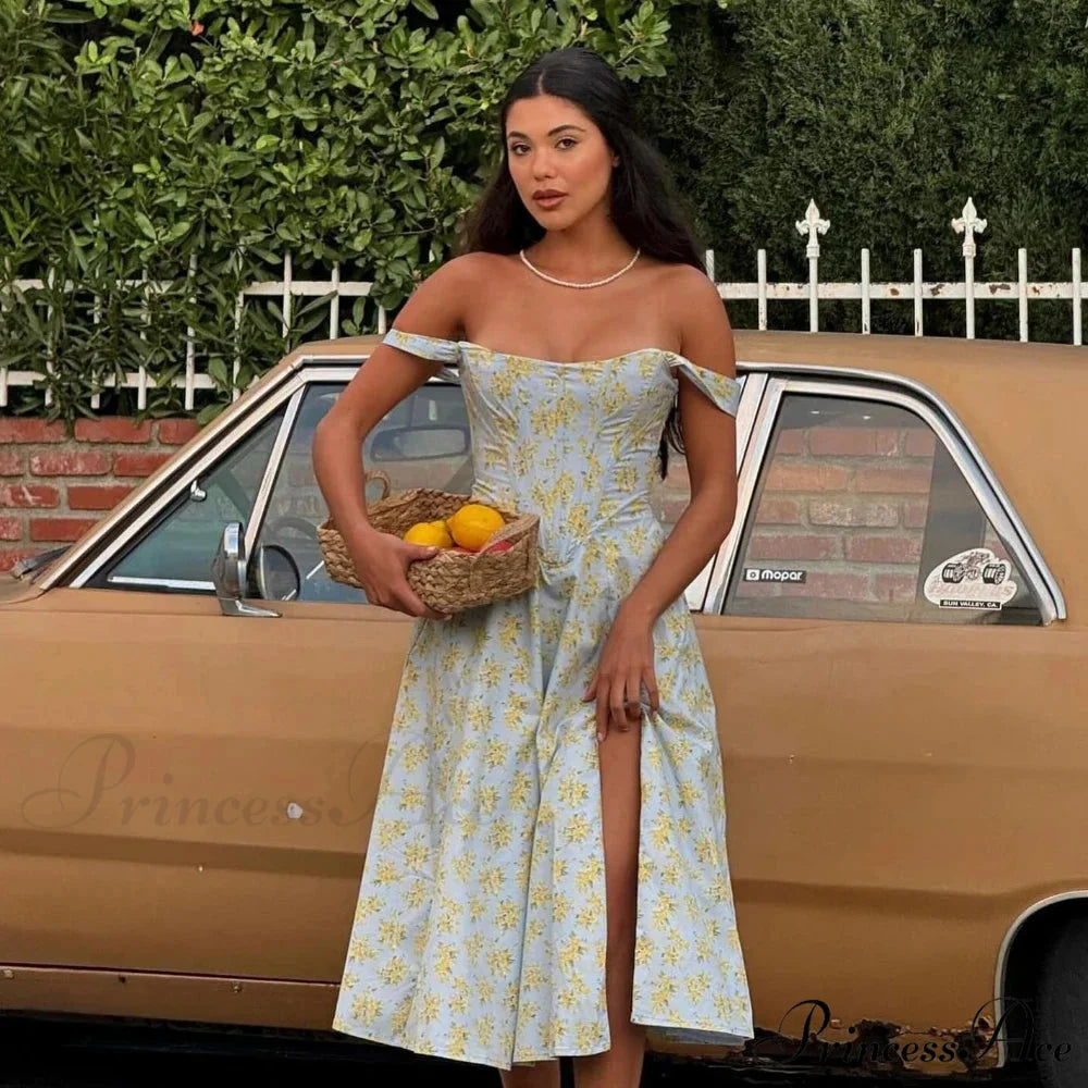 Azure Cut Blossom Holiday Dress blue print / XS vacationdress-250223