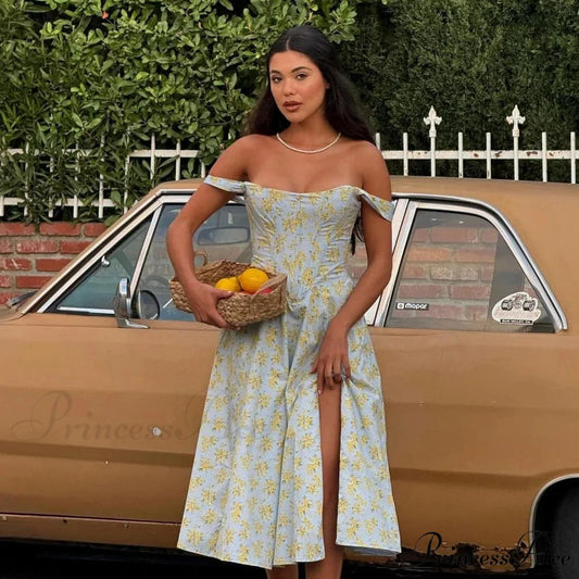 Azure Cut Blossom Holiday Dress blue print / XS vacationdress-250223