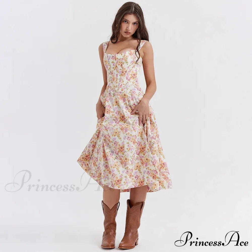 Azure Cut Blossom Holiday Dress Ivory print / XS vacationdress-250223