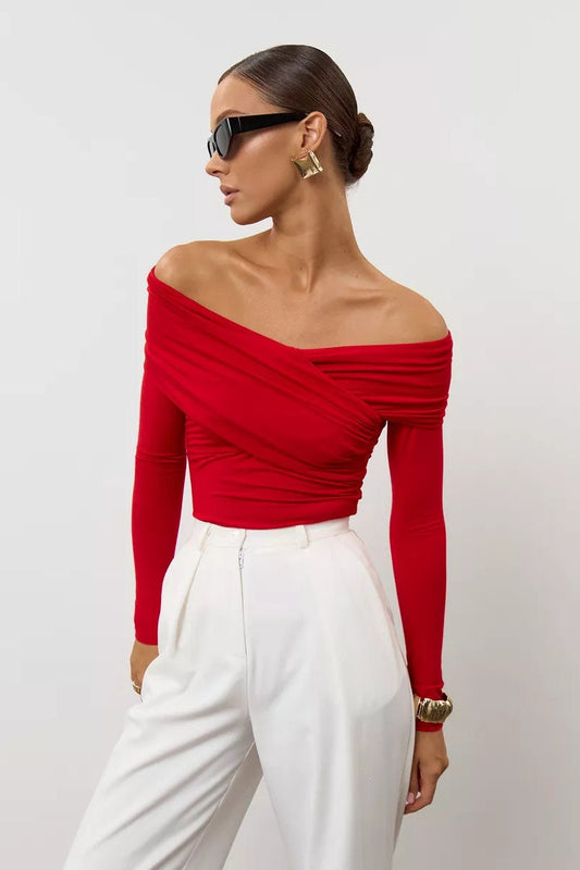 Ruched Cross Slim Bare-Shoulder Long Sleeve Tee