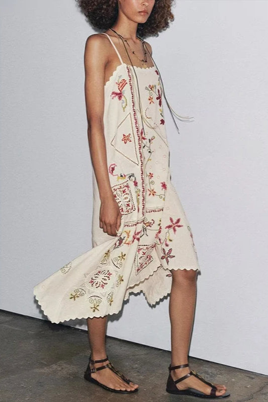 Floral Embroidered Asymmetric Boho Dress