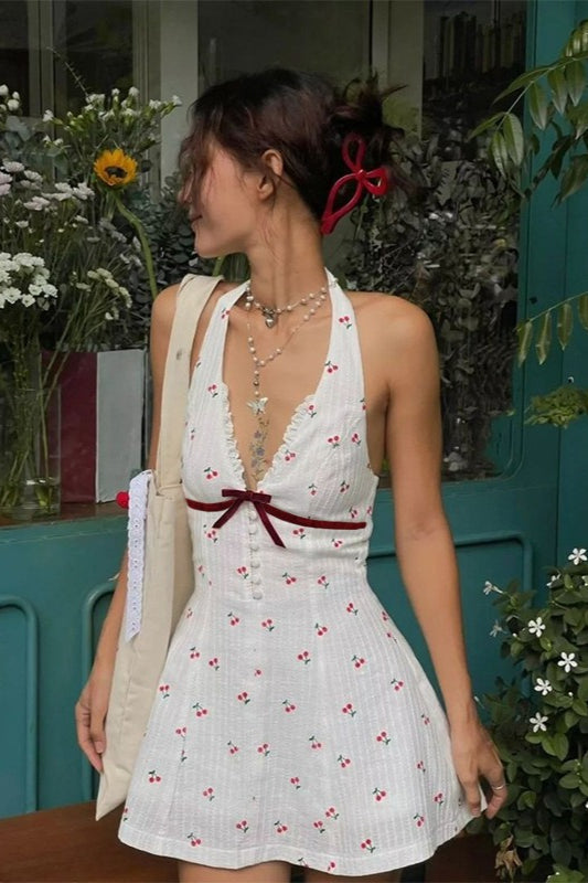 Cherry Print Halter Backless Mini Dress