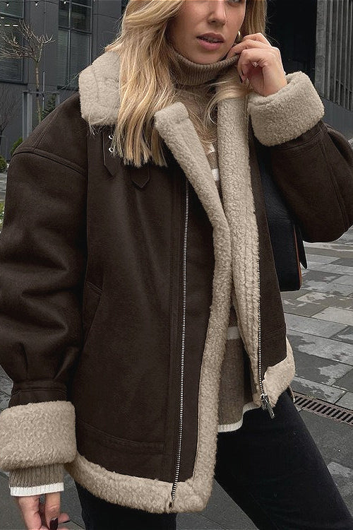 Vintage Oversized Suede Sherpa-Lined Coat