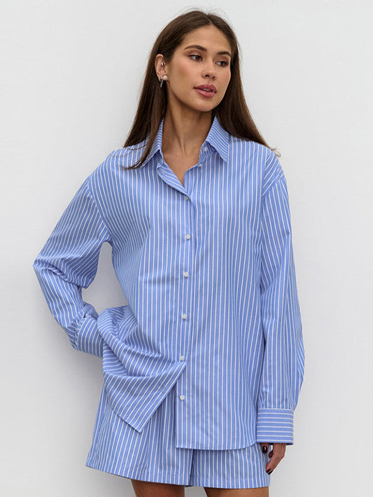 Chic Striped Cotton Casual Set  Blouse