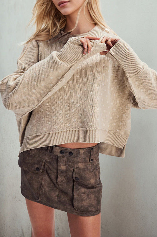 Heart Print Loose Fit Cropped Knit Sweater