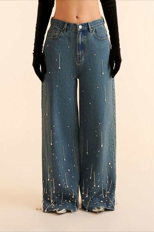 Rhinestone Fringe Loose Straight Jean