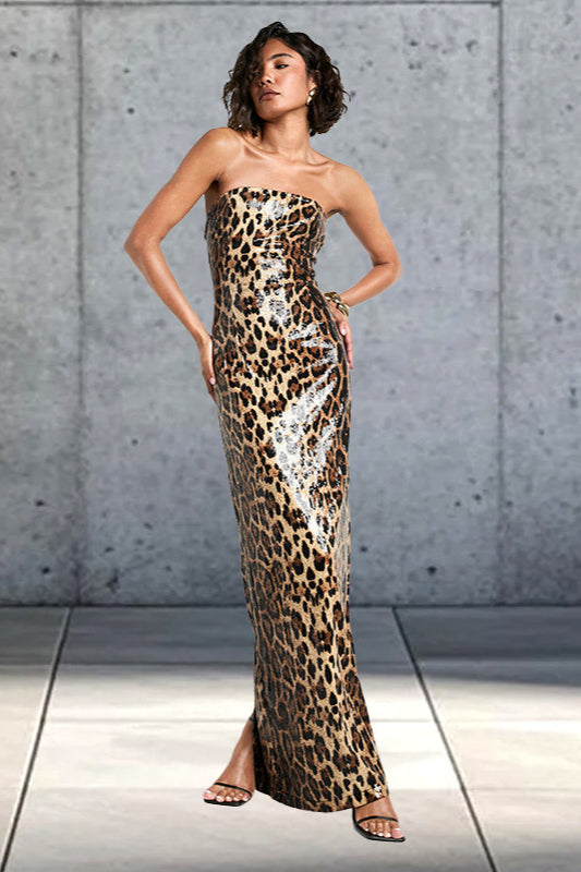 Colorblock Leopard Strapless Maxi Dress