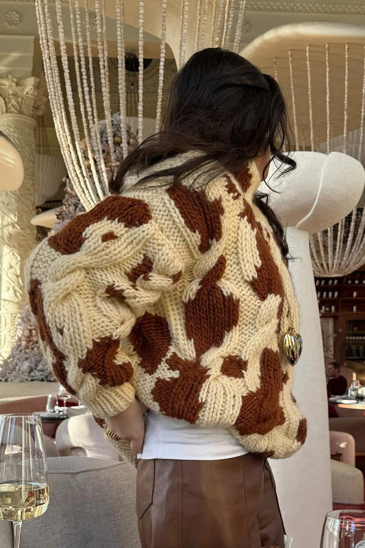 Cow Print Cable Knit Turtleneck Sweater