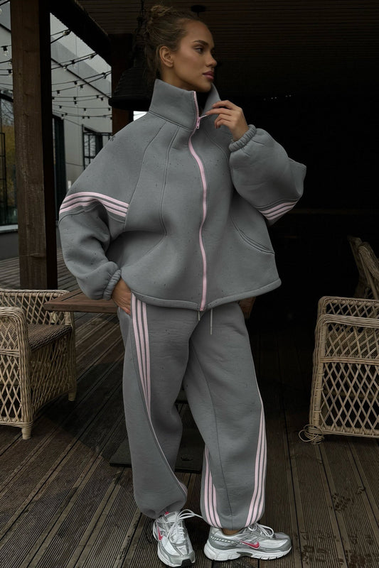 Striped Zip Jacket and Wide Leg Pants Set