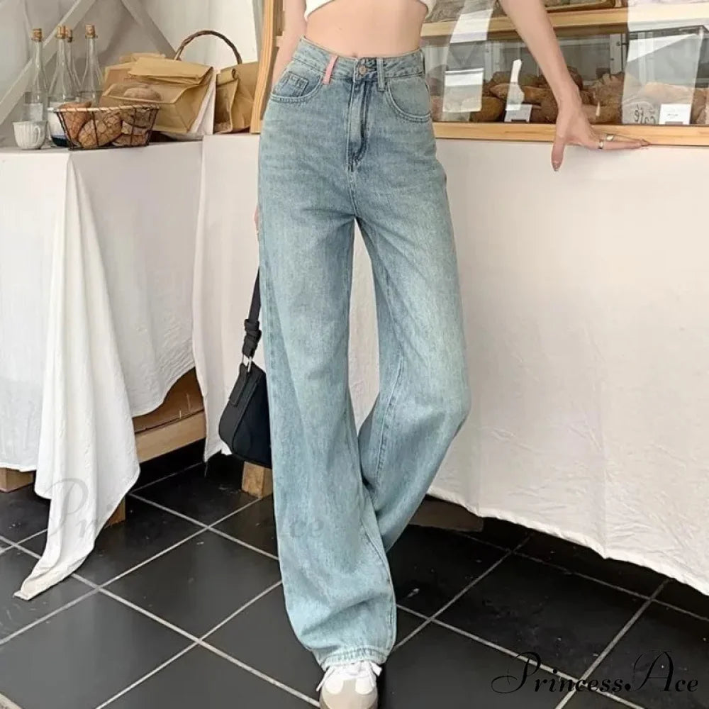 Baby Blue Loose Straight Thin Summer Tassel Versatile Trend Women’s Jean