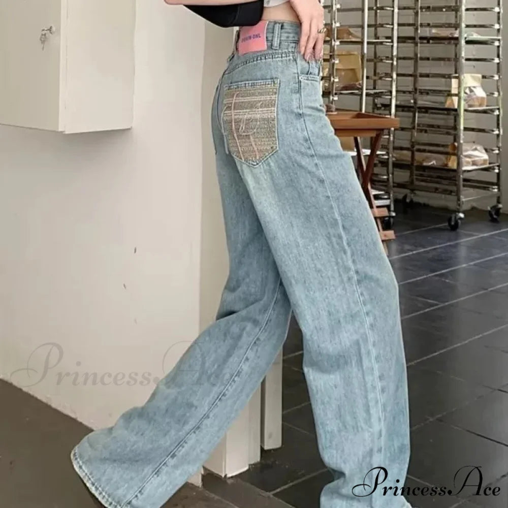 Baby Blue Loose Straight Thin Summer Tassel Versatile Trend Women’s Jean