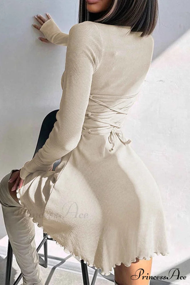 Back Strap Long Sleeve Mini Dress Apricot / M