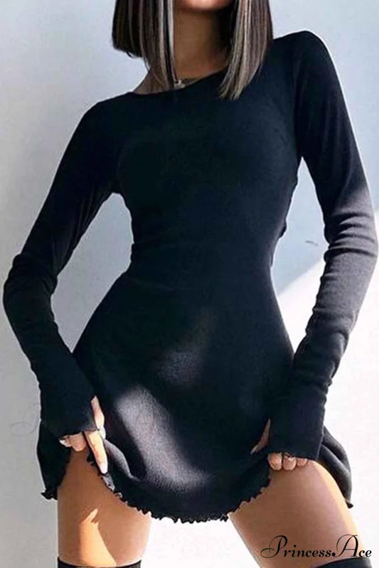 Back Strap Long Sleeve Mini Dress Black / M