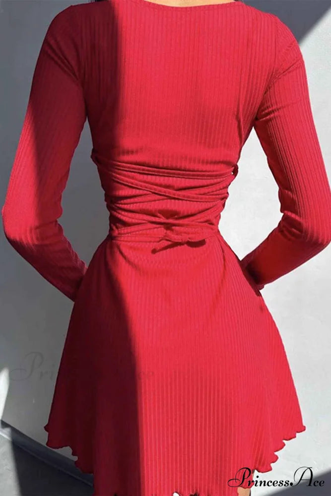Back Strap Long Sleeve Mini Dress Red / M