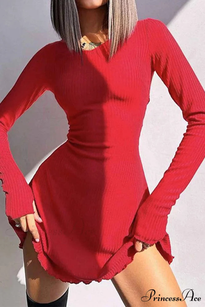 Back Strap Long Sleeve Mini Dress Red / S