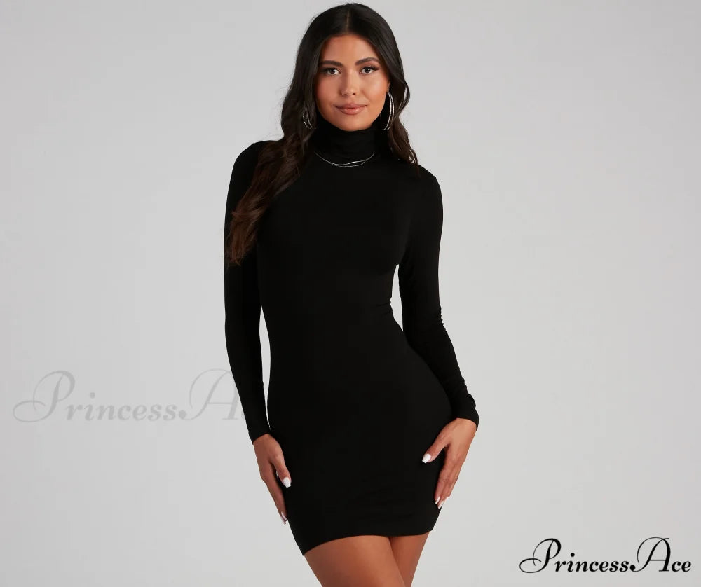 Back To Basics Charming Turtleneck Mini Dress BLACK / XS