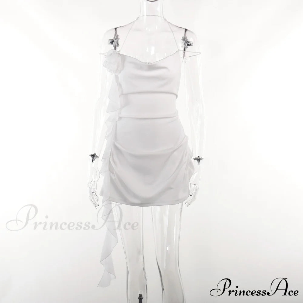 Backless Cowl Neck Charming Flower Frill Mini Dress White / S