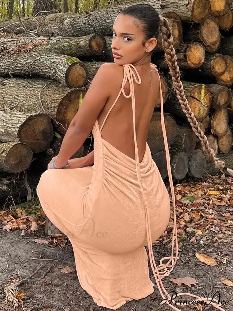 Backless Draped Maxi Dress RED / S