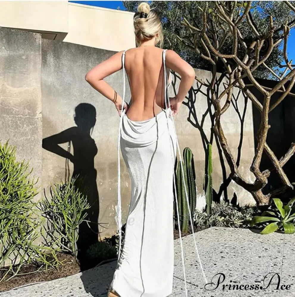 Backless Draped Maxi Dress WHITE / S