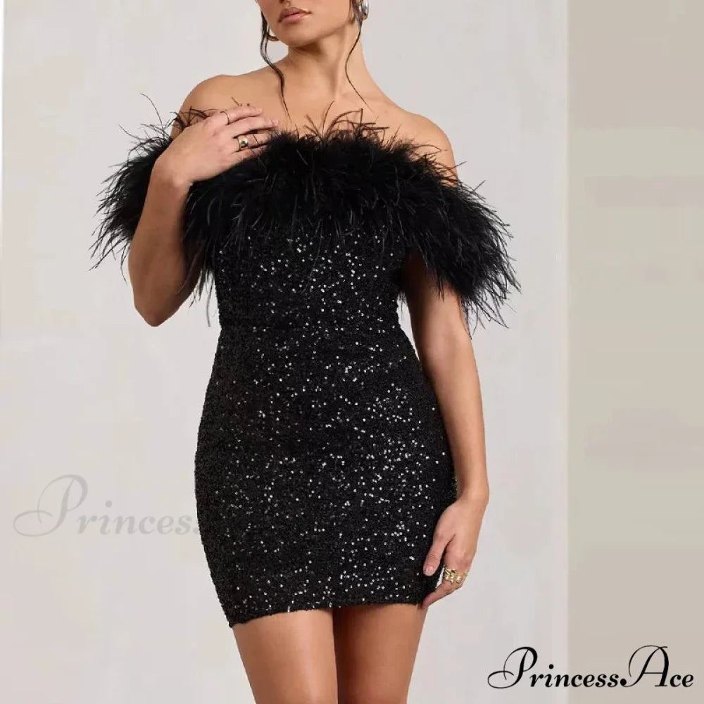 Backless Glitter Feather Slim Party Dress Black / S