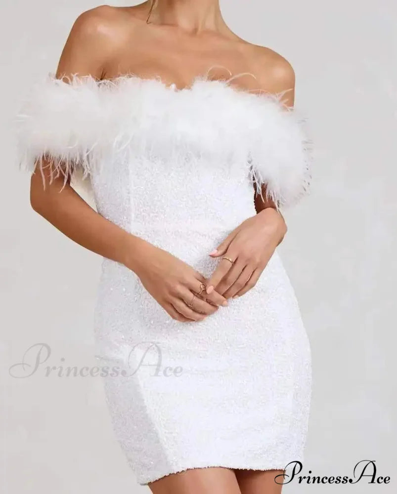 Backless Glitter Feather Slim Party Dress WHITE / S