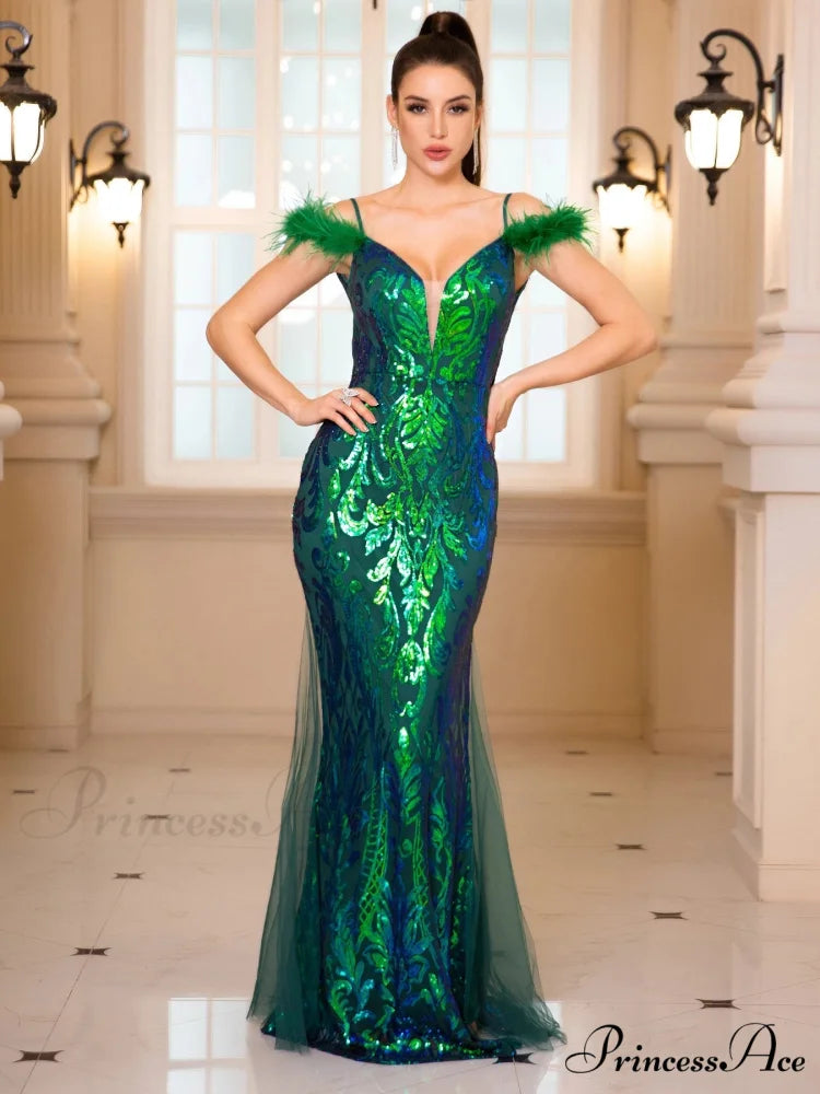 Backless Green Sequin Party Dress