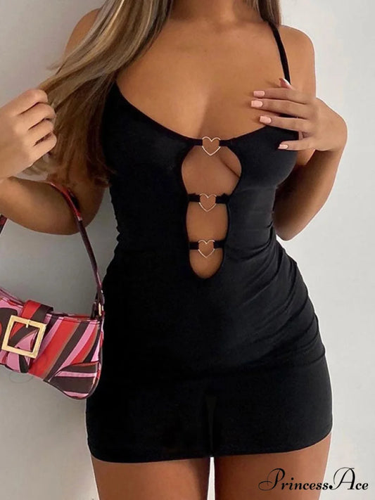 Backless Heart Graceful Decor Mini Dress Black / S