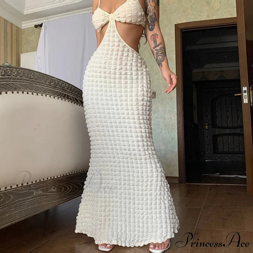Backless Hollow Out Maxi For Women Popcorn Texture Knitted Bubble Waffle Spaghetti Straps Bodycon Prom Cut Out Dress
