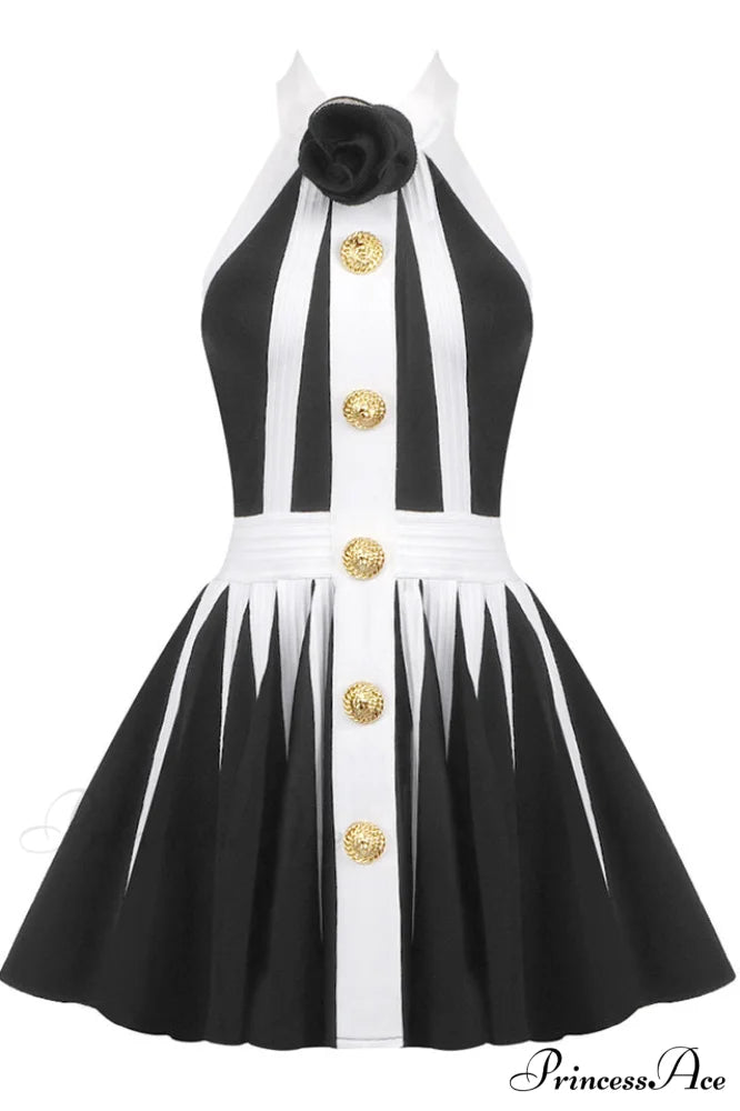 Backless Knit Dress Charming With Rose Detail XS / Black & White