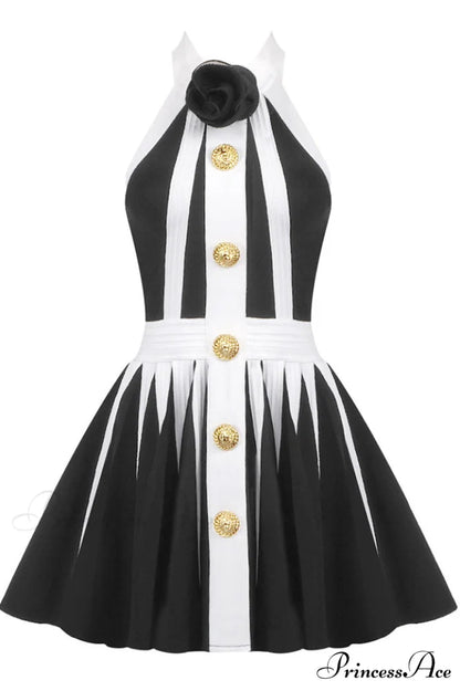 Backless Knit Dress Charming With Rose Detail XS / Black & White