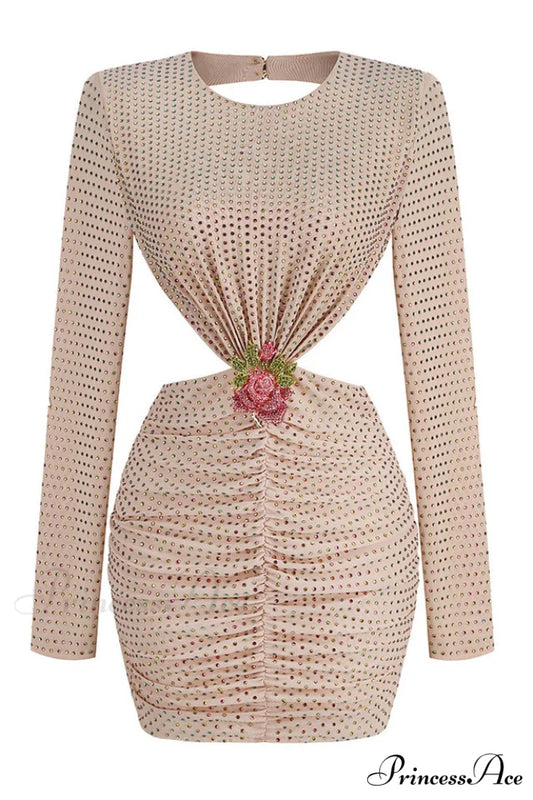 Backless Long Sleeve Charming Beading Mini Dress XS / Beige