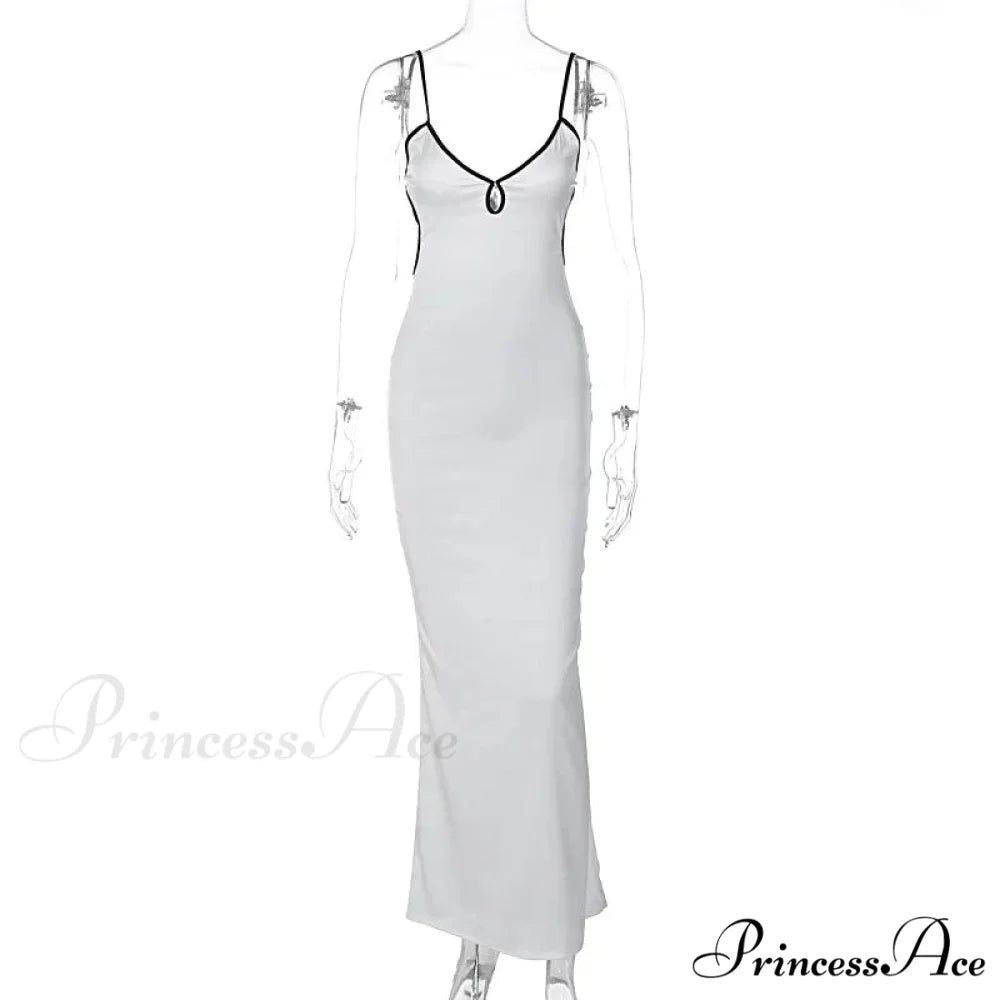 Backless Maxi For Women 2024 Summer Sexy Lace Up Patchwork Beach OutFit Prom Long Cocktail Cut Out Dress White / S