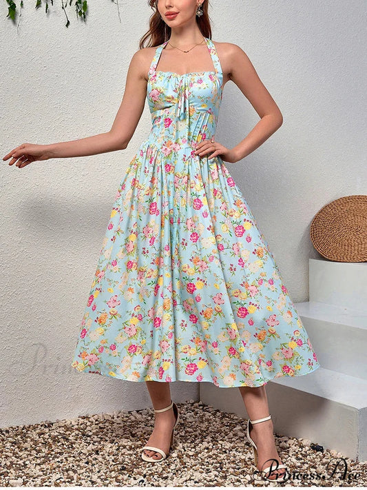 Backless Print Floral Pink Dress Blue / XS