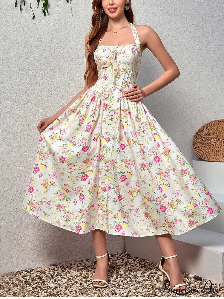 Backless Print Floral Pink Dress White / XS