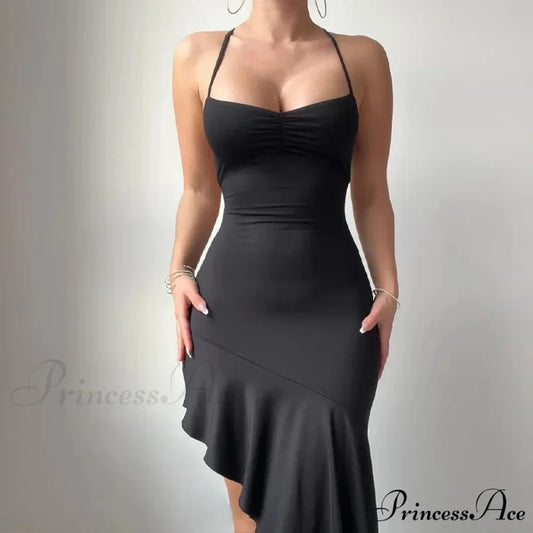 Backless Ruffle Elegant Tie Detail Sleeveless es Summer Midi Dress Black / S