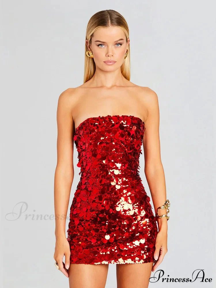 Backless Sequin Mini Party Dress Red / XS