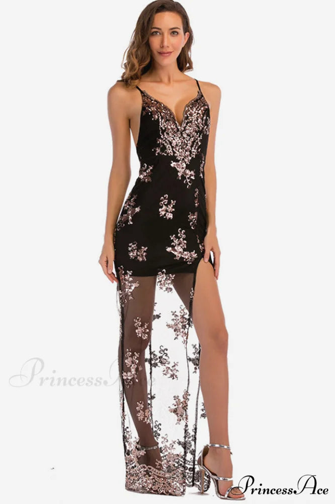 Backless Sequin Stylish Party Maxi Dress S / Black