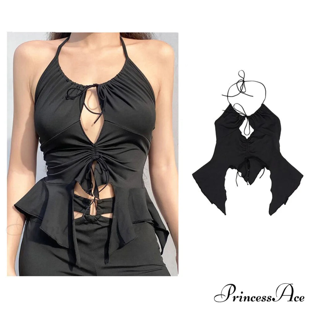 Backless Sleeveless Spaghetti Strap Halter Camis nz755-black / S