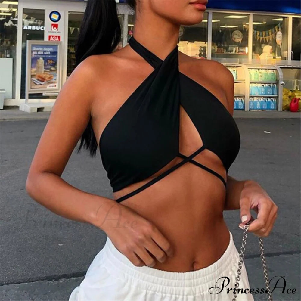 Backless Sleeveless Spaghetti Strap Halter Camis nz808-black / S