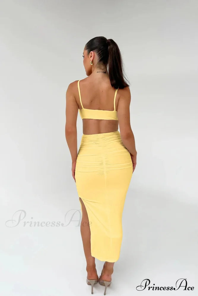 Backless Solid Fold Pleated Side Slit Summer New Women’s Suspender Wrapped Buttocks Long Skirt Cut Out Dress
