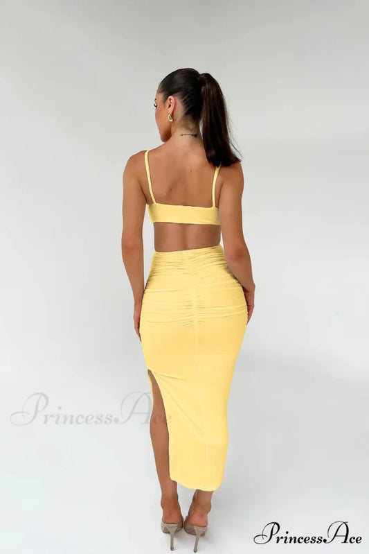 Backless Solid Fold Pleated Side Slit Summer New Women’s Suspender Wrapped Buttocks Long Skirt Cut Out Dress