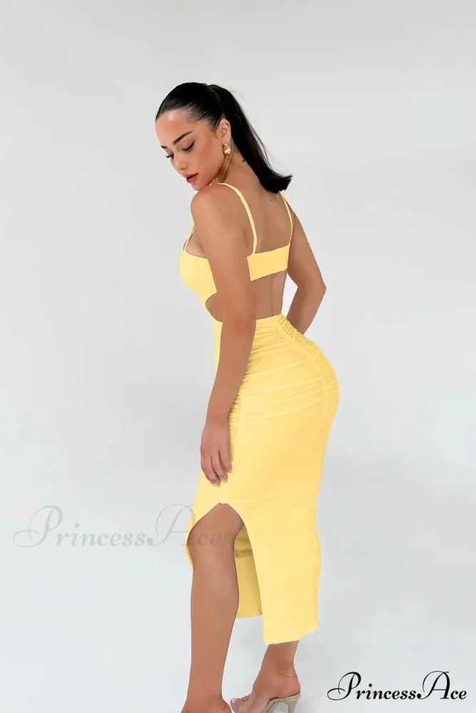 Backless Solid Fold Pleated Side Slit Summer New Women’s Suspender Wrapped Buttocks Long Skirt Cut Out Dress
