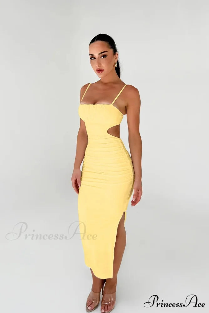 Backless Solid Fold Pleated Side Slit Summer New Women’s Suspender Wrapped Buttocks Long Skirt Cut Out Dress