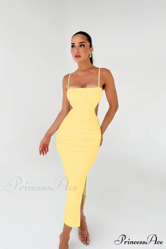 Backless Solid Fold Pleated Side Slit Summer New Women’s Suspender Wrapped Buttocks Long Skirt Cut Out Dress