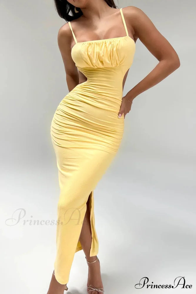 Backless Solid Fold Pleated Side Slit Summer New Women’s Suspender Wrapped Buttocks Long Skirt Cut Out Dress