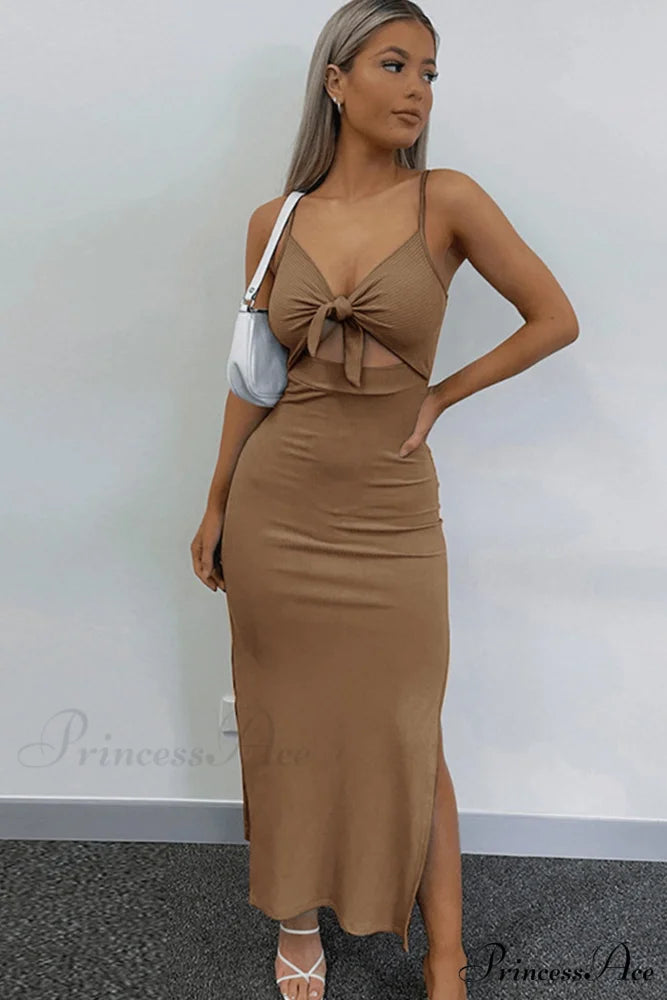 Backless Split Cami Dress with Tie-front Brown / S
