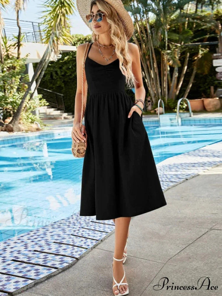 Backless Straps Pocket Dress S / orange