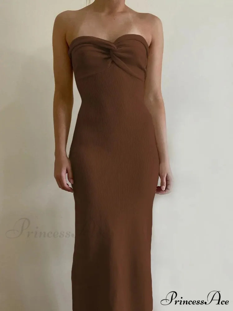 Backless Twist Knitted Fashion Outfits Maxi Dress Coffee / S